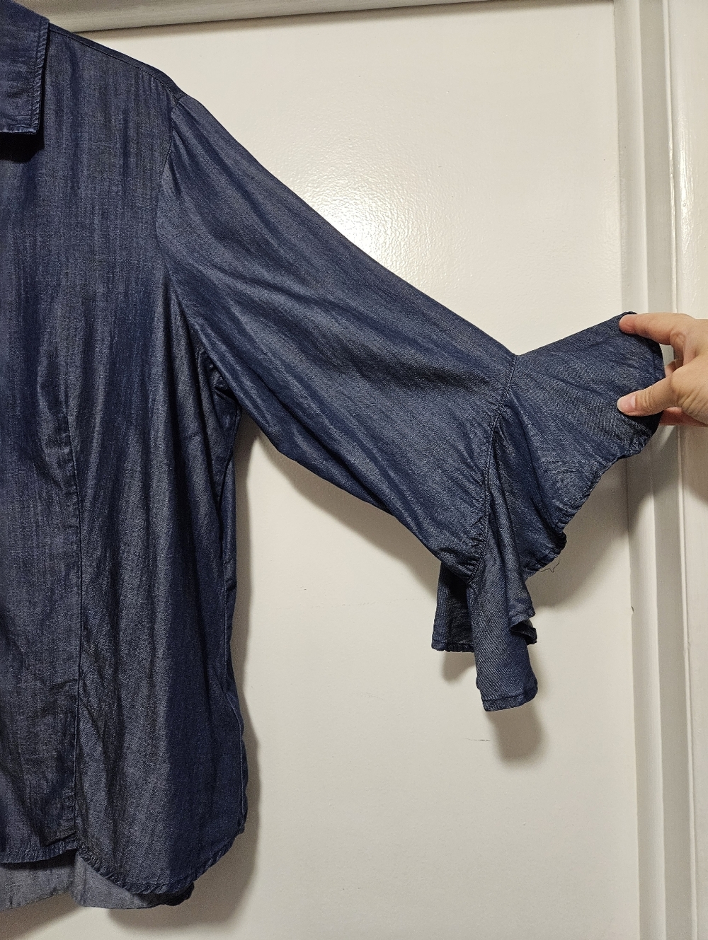 Liverpool XL ruffle 3/4 sleeve button chambray denim blouse Western Cowgirl - Picture 3 of 15
